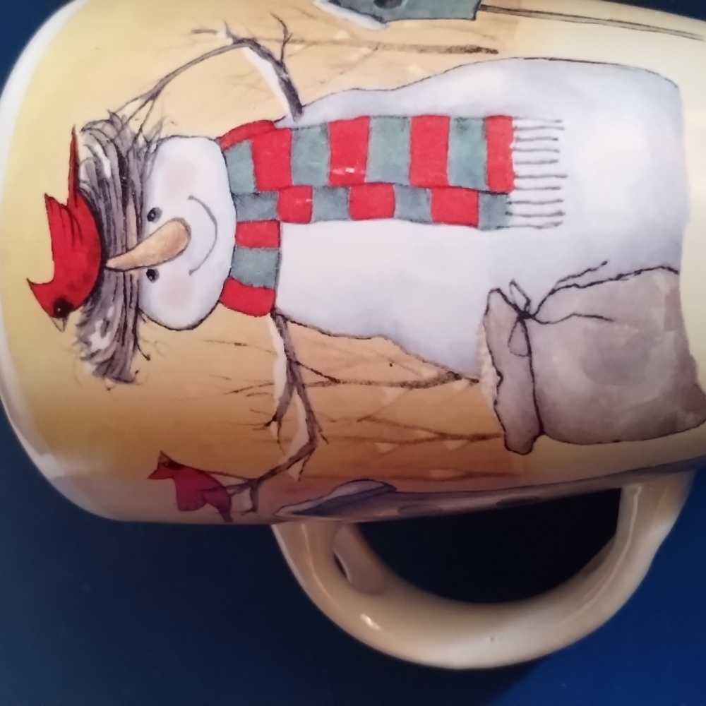 CHRISTMAS Heavy Stoneware Snowman & Cardinals Mug with Cooling Handle